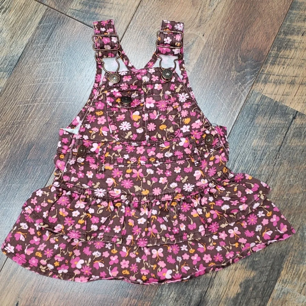 Oshkosh B'Gosh Brown, Pink, Orange Floral Cotton Denim Overall Dress, Size 3M